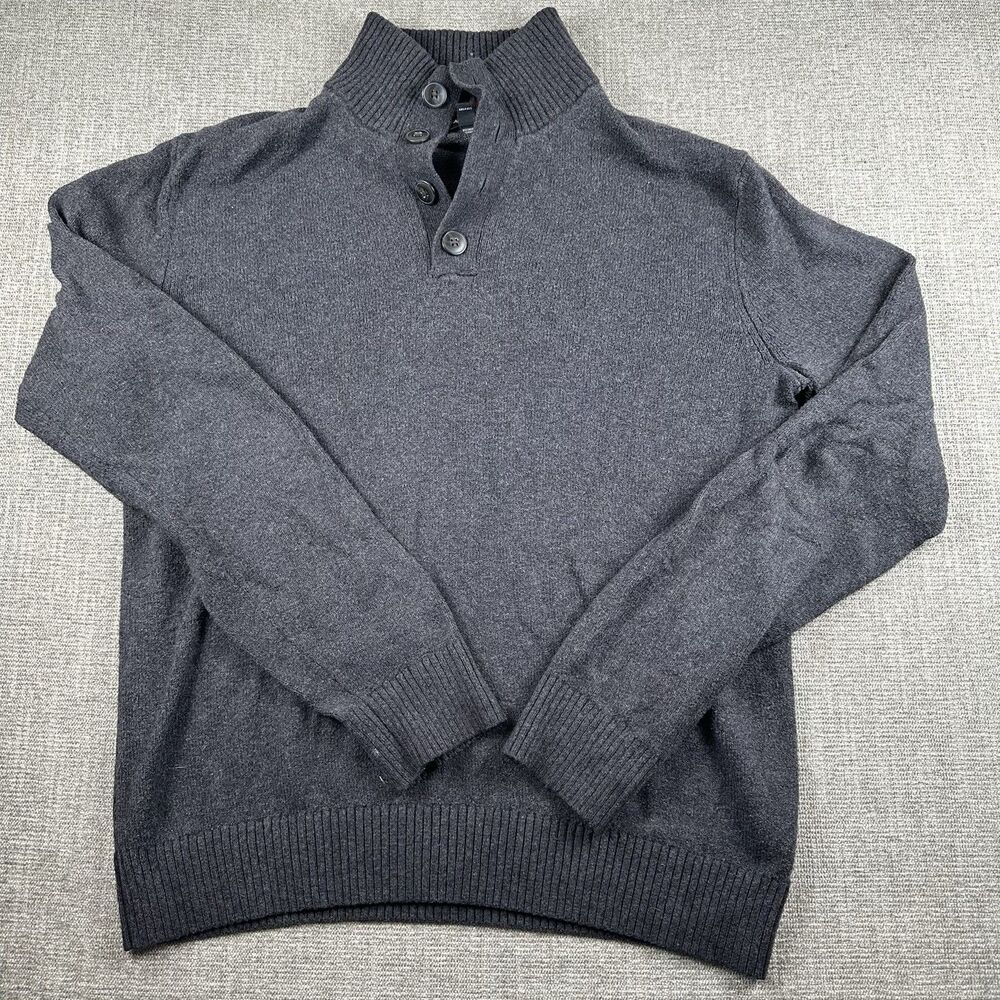 Banana Republic Mens Medium M Mock Neck Button Henley Sweater Charcoal Gray Knit